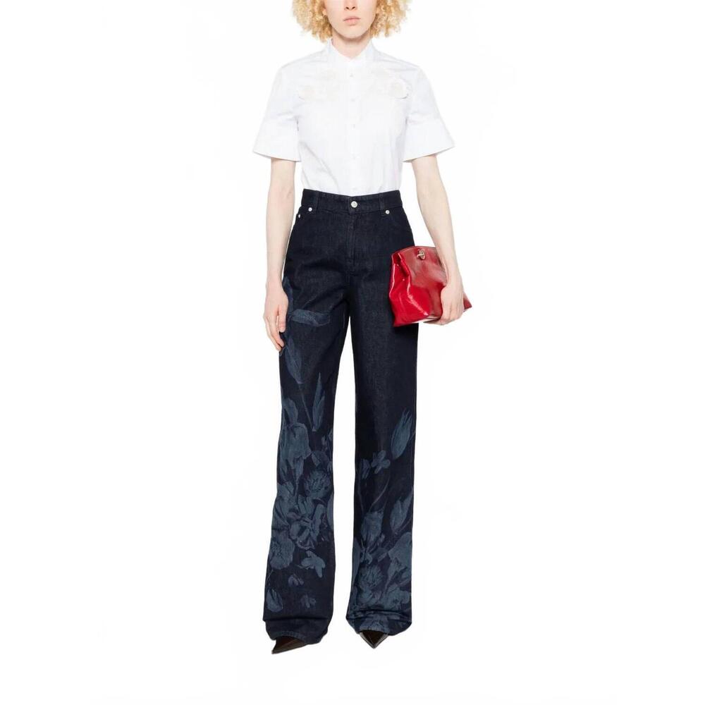 NEW ERDEM floral print straight leg jeans in blue